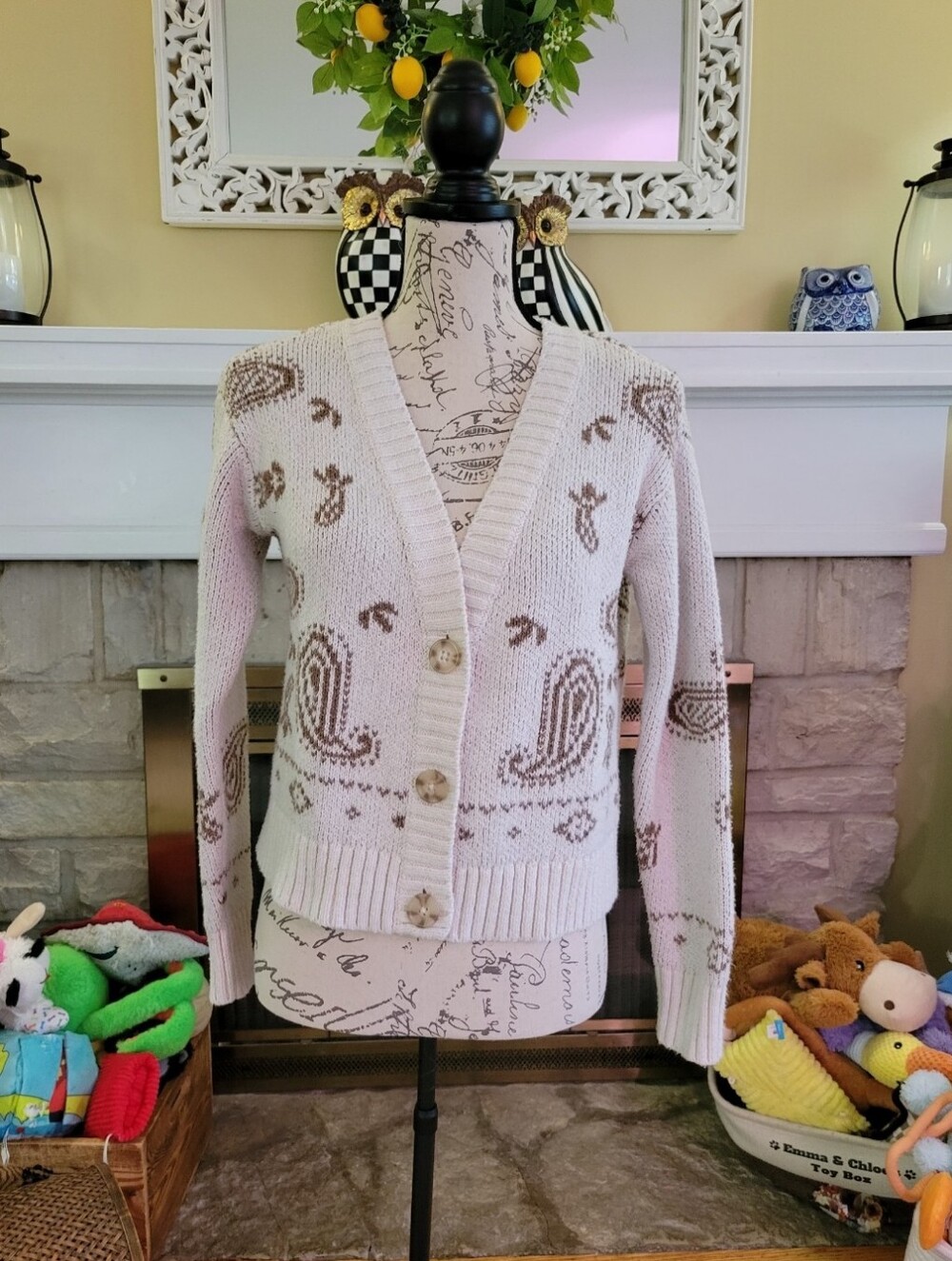 American Eagle Outfitters Ivory Cardigan with Boho Motif Size XS